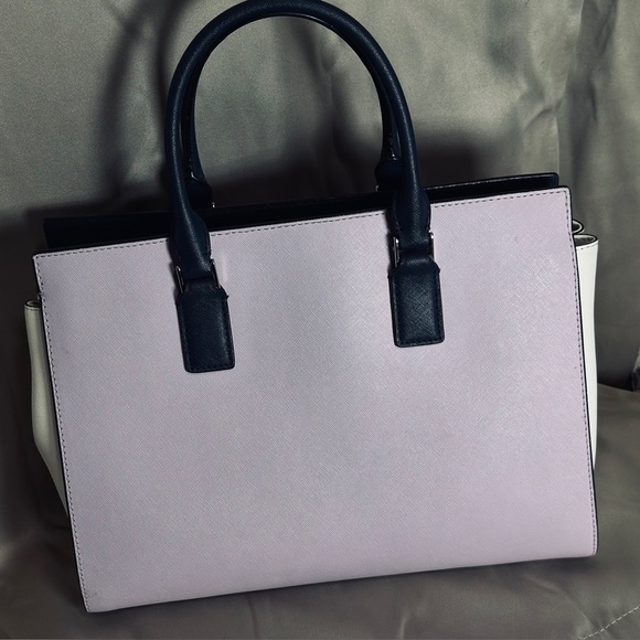 Kate Spade Large 3 tone leather handbag. Baby Lilac, Navy & White. EUC. - Picture 3 of 15